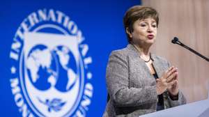epa10243615 Managing Director of the International Monetary Fund (IMF) Kristalina Georgieva delivers remarks at the 2022 Annual Meetings Plenary session during the 2022 Annual Meetings of the IMF and the World Bank Group (WBG) in Washington, DC, USA, 14 October 2022. The meetings run from 10 October to 16 October.  EPA/SHAWN THEW