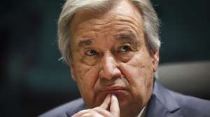 epa10473162 United Nations Secretary-General Antonio Guterres attends a meeting at the start of the African Union Summit in Addis Ababa, Ethiopia, 17 February 2023. The African Union Summit runs until 19 February.  EPA/JOSE SENA GOULAO