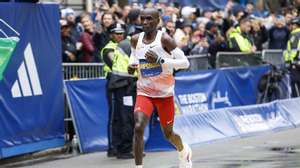 epa10577112 Eliud Kipchoge of Kenya crosses the finish line to place sixth in the Men&#039;s Division of the 127th Boston Marathon in Boston, Massachusetts, USA, 17 April 2023.  EPA/CJ GUNTHER