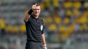 epa09461653 French referee Willy Delajod reacts during the Portuguese First League soccer match between Pacos de Ferreira and Sporting de Braga held at Mata Real Stadium, Pacos de Ferreira, Portugal, 11 September 2021.  EPA/HUGO DELGADO