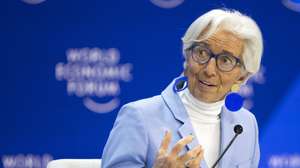 epa11089261 Christine Lagarde, President of the European Central Bank, speaks during a plenary session in the Congress Hall on the closing day of the 54th annual meeting of the World Economic Forum (WEF) in Davos, Switzerland, 19 January 2024. The meeting brings together entrepreneurs, scientists, corporate and political leaders in Davos under the topic 'Rebuilding Trust' from 15 to 19 January.  EPA/GIAN EHRENZELLER