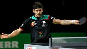 epa10652262 Joao Geraldo of Portugal in action in the Men's Sinlges Round of 16 match against Wang Chuqin of China at the 2023 ITTF World Table Tennis Championships in Durban, South Africa, 25 May 2023.  EPA/KIM LUDBROOK