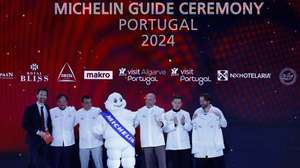 Os premiados com uma estrela na gala da Michelin Guide Ceremony Portugal 2024, que foi o primeiro em que a seleção de restaurantes de Portugal foi apresentada separadamente de Espanha, numa gala própria em Albufeira, 27 de fevereiro de 2024. LUIS FORRA/LUSA