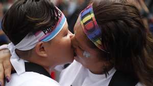 epa11446639 People attend a march on the occasion of the LGTBI Pride Day in San Salvador, El Salvador, 29 June 2024. Hundreds of activists and members of the LGTBI community of El Salvador marched through the main streets of the capital of the Central American country in &quot;complicated times&quot;, as they expressed, and to demand respect and guarantee of their rights.  EPA/Rodrigo Sura