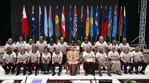 epa11567820 Pacific Leaders gather for a family photo at the start of the plenary session at the 53rd Pacific Islands Forum Leaders Meeting in Nuku&#039;alofa, Tonga, 28 August 2024. Leaders from Pacific Island nations are gathering in Tonga for the 53rd Pacific Islands Forum Leaders Meeting.  EPA/LUKAS COCH AUSTRALIA AND NEW ZEALAND OUT