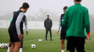 Sporting CP head coach Ruben Amorim (C) attends a training session at the Cristiano Ronaldo academy in Alcochete, Portugal, 21 October 2024. Sporting CP faces SK Sturm Graz, in UEFA Champions League group stage match. ANTONIO COTRIM/LUSA