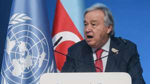 epa11715887 United Nations Secretary-General Antonio Guterres delivers his speech at the UN Climate Change Conference COP29 in Baku, Azerbaijan, 12 November 2024. The Azerbaijani capital of Baku hosts the 2024 United Nations Climate Change Conference (COP29) from 11 to 22 November 2024.  EPA/ANATOLY MALTSEV