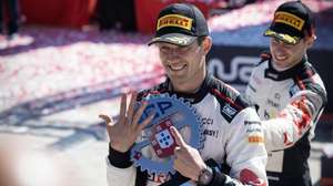 French driver Sebastien Ogier (L) and co-driver Vincent Landais (R) of team Toyota Gazoo Racing WRT celebrate after winning the Rally Portugal 2024, in Matosinhos, Portugal, 12 May 2024.  JOSE COELHO/LUSA