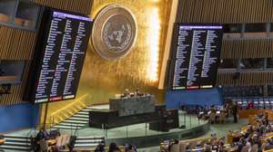 epa11921891 The results of voting on a draft resolution are shown on screen during a General Assembly meeting on a resolution demanding an immediate withdrawal of all Moscow's forces from Ukraine, at the United Nations Headquarters in New York, New York, USA, 24 February 2025. Ukraine marks the third anniversary since Russia began its full-scale invasion of the country in 2022.  EPA/SARAH YENESEL