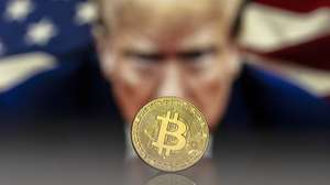 epa11780123 (FILE) - An illustration shows a Bitcoin mockup in front of an image of US President-elect Donald Trump, 22 November 2024 (reissued 16 December 2024). The world's most popular cryptocurrency hit a new record high on 16 December 2024, briefly passing 106,000 dollars (100,800 euros).  EPA/PABLO GIANINAZZI