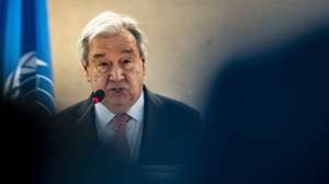 epa11921025 UN Secretary-General Antonio Guterres speaks during a High-Level Segment of the 58th session of the Human Rights Council at the European headquarters of the United Nations in Geneva, Switzerland, 24 February 2025.  EPA/TIL BUERGY