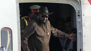 epa11576668 South Sudan's President Salva Kiir (C) arrives at Beijing Capital International Airport to attend the Forum on China-Africa Cooperation in Beijing, China, 01 September 2024.  EPA/ANDY WONG / POOL