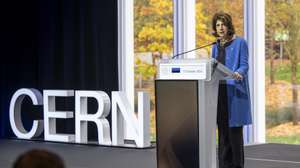 epa11664257 Fabiola Gianotti, Director General of the European Organization for Nuclear Research (CERN), speaks during a flag-raising ceremony to mark the accession of the Republic of Estonia as the 24th member state of CERN at the European Particle Physics Laboratory (CERN), in Meyrin near Geneva, Switzerland, 17 October 2014.  EPA/MARTIAL TREZZINI