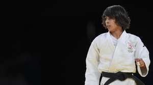 Catarina Costa após vencer o combate de judo frente à adversária da Alemanha, Katharina Menz (ausente na fotografia) , na categoria de -48kg, durante os Jogos Olimpicos de Paris 2024 na Arena Champ de Mars em Paris, França, 27 de julho de 2024. HUGO DELGADO/LUSA
