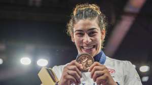 A judoca portuguesa Patrícia Sampaio conquista a medalha de bronze durante os Jogos Olímpicos de Paris, em Paris, França, 1 de agosto de 2024. HUGO DELGADO/LUSA