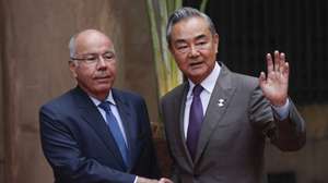 epa12061143 Brazilian Foreign Minister Mauro Vieira (L) shakes hands with Chinese Foreign Minister Wang Yi during the BRICS Foreign Ministers' meeting at the Itamaraty Palace in Rio de Janeiro, Brazil, 28 April 2025. Foreign ministers from the trading bloc, which consists of ten countries including Brazil, Russia, India, China, and South Africa, began their two-day meeting in Rio de Janeiro.  EPA/ANDRE COELHO
