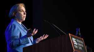 epa07748359 Tesla Chair Robyn Denholm addresses the Clean Energy summit at the International Convention Centre in Sydney, New South Wales, Australia, 30 July 2019. The Clean Energy Summit explores the challenges for Australia's energy system.  EPA/PETER RAE AUSTRALIA AND NEW ZEALAND OUT