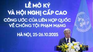 epa12480462 United Nations Secretary-General Antonio Guterres delivers a speech during a press conference after the signing ceremony of the United Nations Convention against Cybercrime and High-level Conference, at the National Convention Centre in Hanoi, Vietnam, 25 October 2025.  EPA/LUONG THAI LINH