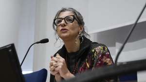 epa12556892 Francesca Albanese, UN Special Rapporteur on the situation of human rights in the Palestinian Territory occupied since 1967, is seen during an event titled 'Rebuild Justice' at Roma Tre University in Rome, Italy, 29 November 2025.  EPA/Riccardo Antimiani