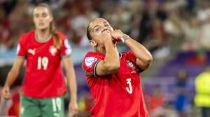 epa12232882 Portugal's Lucia Alves (R) reacts past Portugal's Diana Gomes (L) during the UEFA Women's EURO 2025 Group B soccer match between Portugal and Belgium at the stade de Tourbillon stadium in Sion, Switzerland, 11 July 2025.  EPA/JEAN-CHRISTOPHE BOTT   EDITORIAL USE ONLY