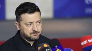 epa12909709 President of Ukraine Volodymyr Zelensky speaks to the media during the informal meeting of EU Heads of State or Government in Agia Napa, Cyprus, 23 April 2026. EU leaders are expected to address current geopolitical developments and Europe's response to them.  EPA/GEORGE CHRISTOFOROU