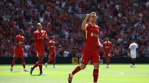 epa11545195 Diogo Jota of Liverpool celebrates scoring the 0-1 goal during the friendly soccer match between Liverpool and Sevilla in Liverpool, Britain, 11 August 2024.  EPA/ADAM VAUGHAN