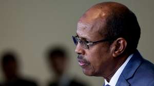 epa12889663 African Union Commission chairperson Mahmoud Ali Youssouf attends a press statement  with German Chancellor Friedrich Merz (unseen) at the Chancellery in Berlin, Germany, 14 April 2026.  EPA/FILIP SINGER
