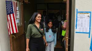 epa13011706 Los Angeles mayoral candidate Nithya Raman exits after casting her ballot at the Silverlake Community Church polling station in Los Angeles, California, USA, 02 June 2026. Voters across the city are participating in the municipal election to decide the next mayor, state governor and other local offices.  EPA/CHRIS TORRES
