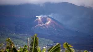epa10444215 The Cumbre Vieja volcano, known as Tajogaite, in the little town of El Paso, La Palma, (Canary Islands), Spain, 02 February 2023. The Cumbre Vieja volcano erupted from 19 September to 13 December 2021.  EPA/Luis G Morera