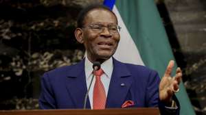 epa11824310 President of Equatorial Guinea Teodoro Obiang Nguema Mbasogo speaks at a joint press conference with Angolan President Joao Lourenco (not seen) at the presidential palace in Luanda, Angola, 14 January 2025.  EPA/AMPE ROGERIO