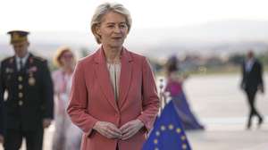 epa13092287 European Commission President Ursula von der Leyen arrives at Esenboga Airport ahead of the 2026 NATO Heads of State and Government Summit in Ankara, Turkiye, 06 July 2026. The summit will take place on 07–08 July, focusing on strengthening defense industrial production and securing long-term military aid for Ukraine.  EPA/METIN AKTAS / POOL