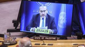 epa13137457 UN Deputy Special Coordinator for the Middle East Peace Process, Ramiz Alakbarov, addresses a UN Security Council meeting via video link at the United Nations headquarters in New York, New York, USA, 28 July 2026.  EPA/SARAH YENESEL