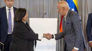epa13165692 Dinorah Figuera (L), former president of the Venezuelan National Assembly in 2015, and National Assembly President Jorge Rodriguez shake hands during the final session of the dialogue table in Caracas, Venezuela, 12 August 2026. Representatives of Venezuela's government and opposition agreed to replace all magistrates of the Supreme Court of Justice (TSJ) as part of the first agreements reached in US-backed talks aimed at a political transition.  EPA/MIGUEL GUTIERREZ