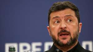 epa13156464 Ukrainian President Volodymyr Zelensky speaks during a press conference with Serbian President Aleksandar Vucic (not pictured) following their meeting in Belgrade, Serbia, 08 August 2026. Zelenskyy is in Serbia for an official visit.  EPA/ANDREJ CUKIC