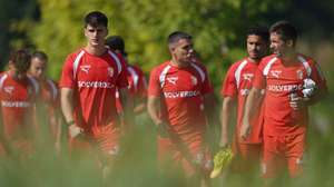 Sporting de Braga players (L-R) Pau Víctor, Víctor Gomez and João Moutinho during a training session in Braga, Portugal, 12 August 2026. Sporting de Braga will play against Dinamo-Minsk during the UEFA Conference League Third qualifying round 2nd leg soccer match  at City Stadium Beroe, Stara Zagora, Bulgaria on 13 August 2026.  HUGO DELGADO/LUSA
