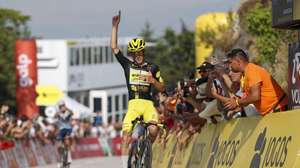French rider Alexis Guerin of Anicolor-Campicarn team wins the 9th stage of the 87th Portugal Cycling Tour cycling race over 142,3 km, from Paredes to Mondim de Basto (Sra. da Graça), Vila Real, Portugal, 15 August 2026. Alexis Guerin is the actual yellow jersey on the tour, and today, after the death of the British rider Finlay Tarling on the 14th of August, he wears a black jersey. NUNO VEIGA/LUSA
