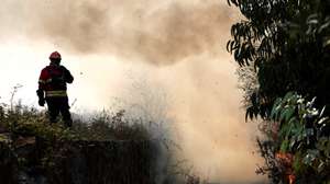 Bombeiros combatem o incêndio florestal que deflagrou ao final da tarde de segunda-feira em Rebordões, no concelho de Santo Tirso, em Burgães, 18 de agosto de 2026. ESTELA SILVA/LUSA