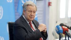 epa13139083 UN Secretary-General Antonio Guterres attends a press conference after his meeting with Cyprus President Nikos Christodoulides and Turkish Cypriot leader Tufan Erhurman (both not pictured) at the UN Buffer Zone in Nicosia, Cyprus, 29 July 2026. Guterres is on an official visit to Cyprus, which is the first visit by a UN Secretary-General to the island in 16 years. The visit comes nine years after the collapse of the Crans-Montana conference talks, with a goal of restarting substantive Cyprus talks within the next few months.  EPA/GEORGE CHRISTOPHOROU