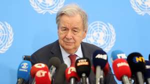 epa13139084 UN Secretary-General Antonio Guterres attends a press conference after his meeting with Cyprus President Nikos Christodoulides and Turkish Cypriot leader Tufan Erhurman (both not pictured) at the UN Buffer Zone in Nicosia, Cyprus, 29 July 2026. Guterres is on an official visit to Cyprus, which is the first visit by a UN Secretary-General to the island in 16 years. The visit comes nine years after the collapse of the Crans-Montana conference talks, with a goal of restarting substantive Cyprus talks within the next few months.  EPA/GEORGE CHRISTOPHOROU