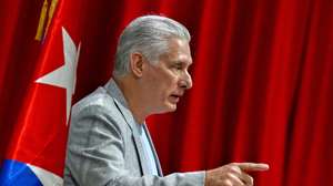 epa12837806 Cuban President Miguel Diaz-Canel delivers a welcome address to politicians and activists of the Our America Convoy at the Convention Palace in Havana, Cuba, 20 March 2026. Diaz-Canel denounced what he described as 'brutal' pressure from Washington on Latin America to isolate Cuba, which he said has led several nations to sever diplomatic relations and withdraw medical missions from the island.  EPA/ADALBERTO ROQUE/ POOL