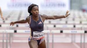epa11481787 Cyrena Samba-Mayela of France in action during the Women's 100m hurdles race at the International Athletics Meeting, World Athletics - Continental Tour Silver, in Lucerne, Switzerland, 16 July 2024.  EPA/URS FLUEELER