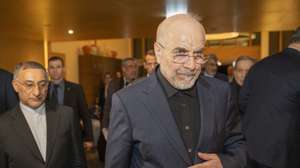 epa13052910 Iran's Speaker of the Islamic Parliament, Mohammed Bagher Ghalibaf (C), attends a meeting at the Bürgenstock resort in Obbürgen, near Lucerne, Switzerland, Sunday, 21 June 2026. Following the signing of a framework agreement on peace in France this week, delegations from the USA and Iran meet at the Bürgenstock resort to discuss further details and technical issues.  EPA/URS FLUEELER