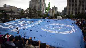 epa10733997 Members of civic groups take part in a rally against the International Atomic Energy Agency's (IAEA) report on Japan's disposal of Fukushima radioactive water, outside the Foreign Affairs Ministry in Seoul, South Korea, 08 July 2023. IAEA director general arrived in Seoul to discuss the IAEA's recently released report on Japan's plan to discharge treated radioactive water from a damaged nuclear power plant in Fukushima.  EPA/JEON HEON-KYUN