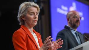 epa11665380 European Council President Charles Michel (R) and European Commission President Ursula von der Leyen during the final press conference  during European Council summit in Brussels, Belgium, 17 October 2024. EU leaders are meeting in Brussels to discuss Ukraine, the Middle East, competitiveness, migration and foreign affairs.  EPA/OLIVIER HOSLET