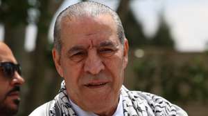 epa12099450 Hussein Al-Sheikh, Deputy Chairman of the Executive Committee of the Palestine Liberation Organization and Vice President of the State of Palestine, attends a rally marking 'Nakba' day in the West Bank city of Ramallah, 14 May 2025. Palestinians mark the 77th anniversary of Nakba Day (Day of the Catastrophe), commemorated annually on 15 May to remember their displacement following the 1948 Israeli Declaration of Independence.  EPA/ALAA BADARNEH