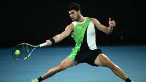 epa12684495 Carlos Alcaraz of Spain in action during his Men's Singles quarter-finals match against Alex de Minaur of Australia at the Australian Open tennnis tournament in Melbourne, 27 January 2026.  EPA/JOEL CARRETT  AUSTRALIA AND NEW ZEALAND OUT