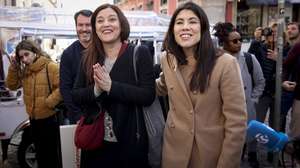 Left Block (BE) coordinator Mariana Mortagua (R) accompanied by the head of the Left Block list for the Porto constituency, Marisa Matias (C) during a visit to the old Veiga Beirao school, as part of the campaign for the legislative elections on 10 March, in Lisbon, Portugal, 29 February 2024. On 15 January, the President of the Republic decreed the dissolution of parliament and the calling of early legislative elections for 10 March, following the resignation of the Prime Minister, António Costa, submitted on 7 November in connection with Operation Influencer, and immediately accepted by the President of the Republic.  FILIPE AMORIM/LUSA