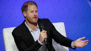 epa11550819 Britain's Prince Harry speaks during the 'Responsible Digital Future' forum at EAN University in Bogota, Colombia, 15 August 2024. The Duke and Duchess of Sussex began a four-day visit to Colombia, where they will tour different parts of the country, learn about its culture and rich biodiversity, and address current issues such as cyberbullying and online violence in schools and forums.  EPA/Carlos Ortega
