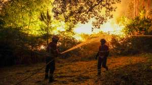 Firefighters during a forest fire in Pedrogao Grande, Leiria, Portugal, 23 August 2025. The two fires that are currently consuming forest in Pedrogao Grande have already reached the municipality of Sertã, with various resources being deployed in both areas to combat the fire, Civil Protection told Lusa. At 10 p.m., 912 firefighters supported by 289 vehicles were fighting the two fires. PAULO NOVAIS/LUSA