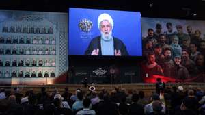 epa12390324 Hezbollah Secretary-General Naim Qassem (C, screen) delivers a televised speech to mark the first anniversary of the killing of senior Hezbollah commander Ibrahim Aqil, in the Dahieh suburb of Beirut, Lebanon, 19 September 2025. The Hezbollah top commander was killed on 20 September 2024 by an Israeli airstrike in the southern suburbs of Beirut.  EPA/WAEL HAMZEH